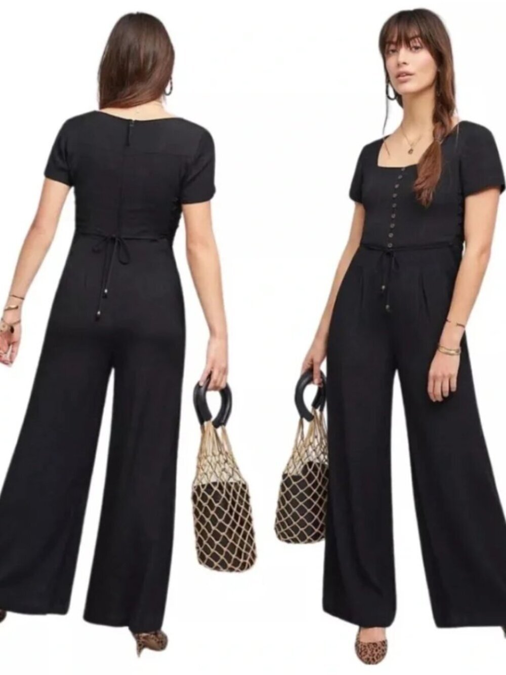 Anthropologie Maeve Sienna Jumpsuit Square Neck Buttons Ties